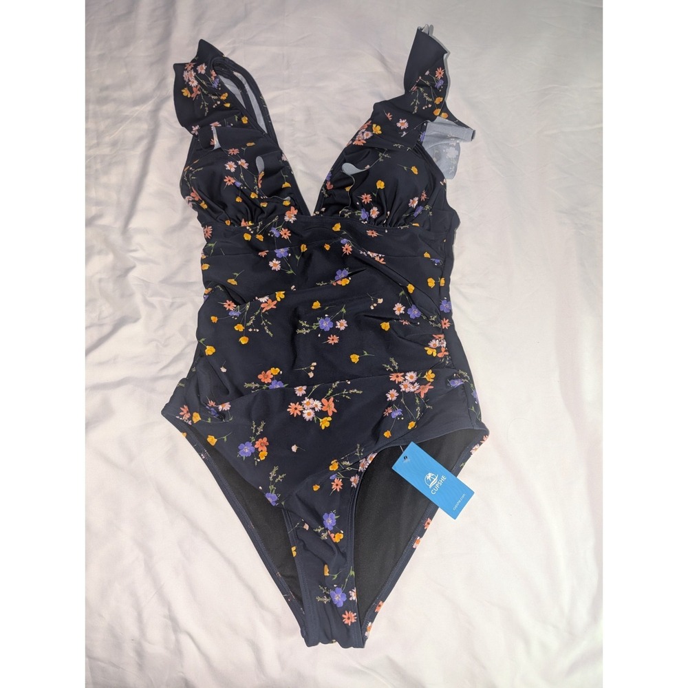 Cupshe Women's One Piece‎ Medium Blue Floral Print With Ruffle Straps & Tie Back